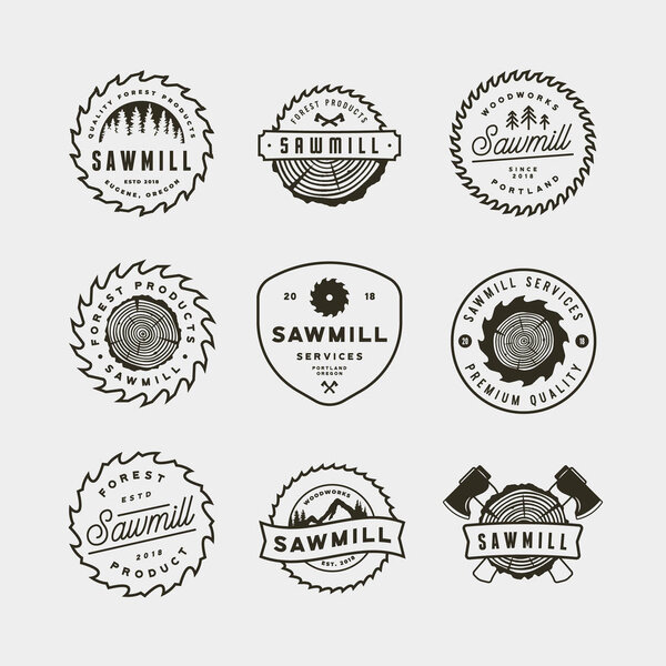 set of sawmill logos. retro styled woodwork emblems. vector illustration