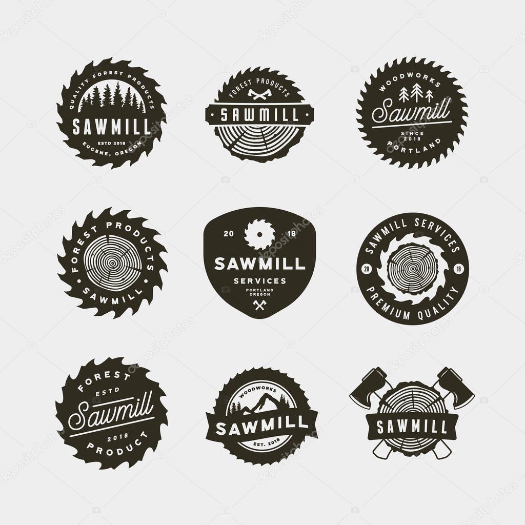 Set of sawmill logos. retro styled woodwork emblems, badges, design elements, logotype templates. vector illustration