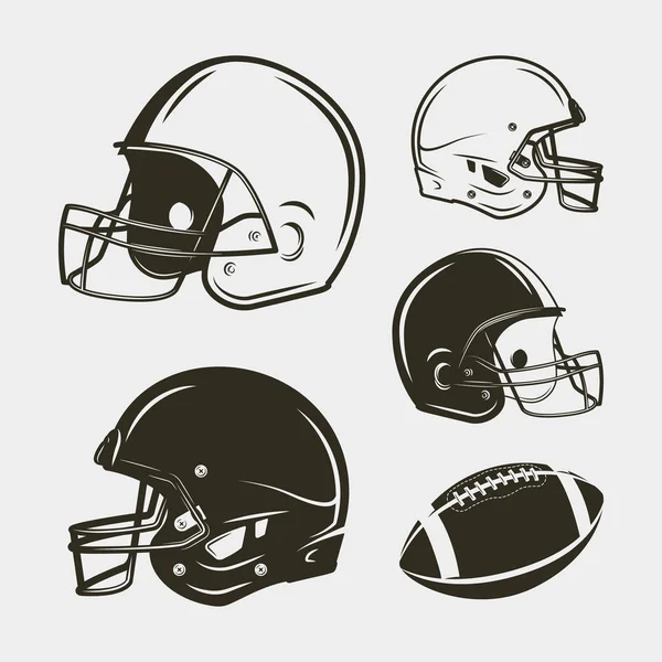 Набор американского футбольного снаряжения и снаряжения. шлемы и мяч. векторная иллюстрация — стоковый вектор