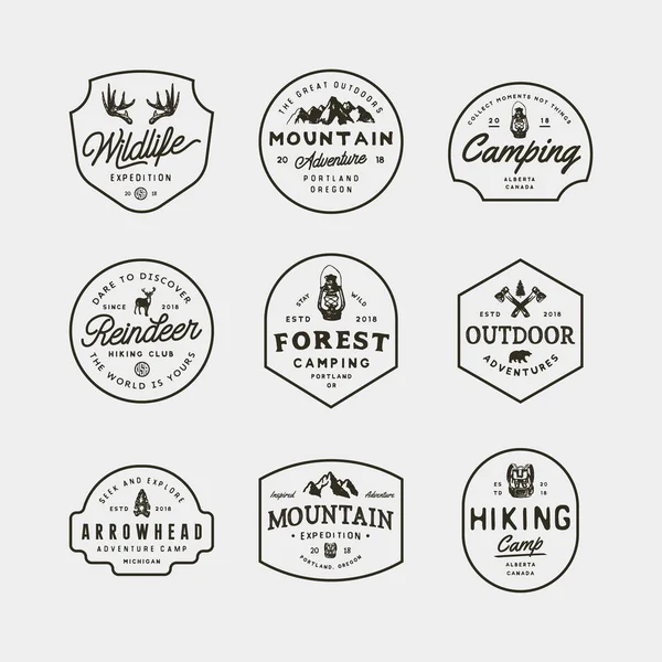 Set vintage wildernis logo's. hand getekend retro ingerichte outdoor avontuur emblemen. vectorillustratie — Stockvector