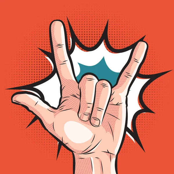 Комическая рука показывает признаки рогов. поп-арт рок-жест на галопирующем фоне — стоковый вектор
