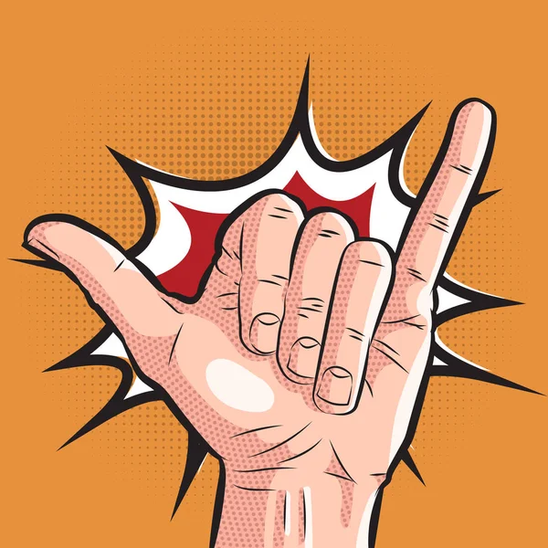 Komische Hand mit Shaka-Zeichen. Pop Art Surf Gruß Geste auf Halbtonhintergrund — Stockvektor