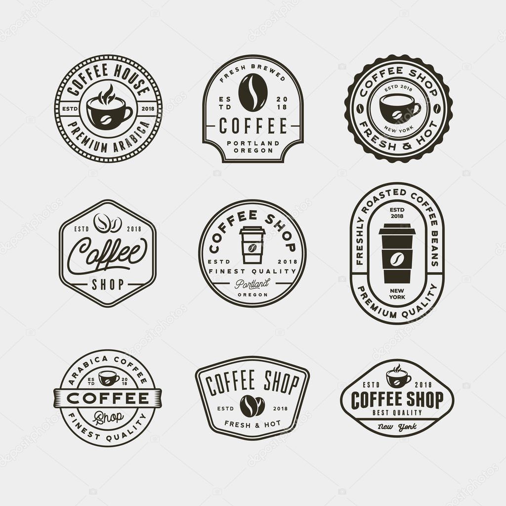 Set of modern vintage coffee shop labels. retro styled emblems, badges, design elements, logotype templates. vector illustration