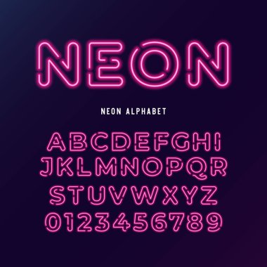 Neon ışığı modern yazı tipi. neon tüp harfler ve koyu arkaplanda numaralar.
