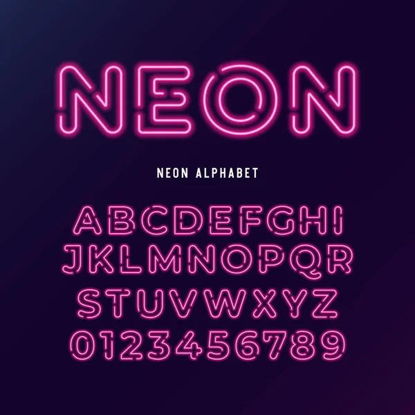 Neon light modern font. letras y números de tubo de neón sobre fondo oscuro . — Vector de stock