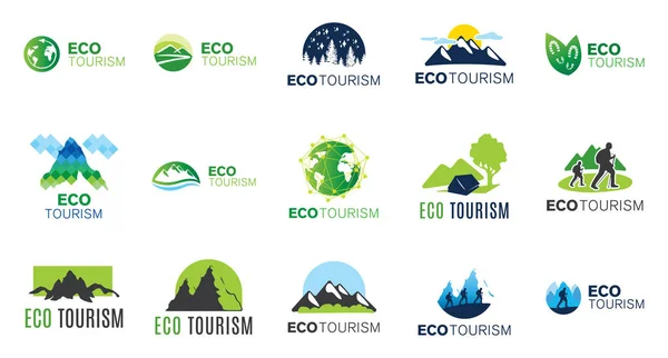 Logo wektorowe podróży ekologicznych, turystyki i kempingu — Wektor stockowy