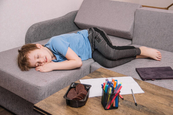 A boy sits at home in isolation and learns online