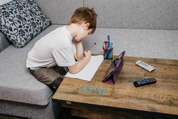 Boy Sits Home Isolation Learns Online — Stock Photo, Image