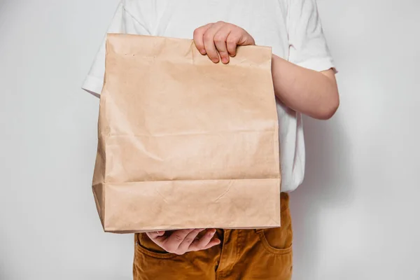 Brown Craft Paper Bag Removal Delivery Goods Food Hands White — Stock Photo, Image