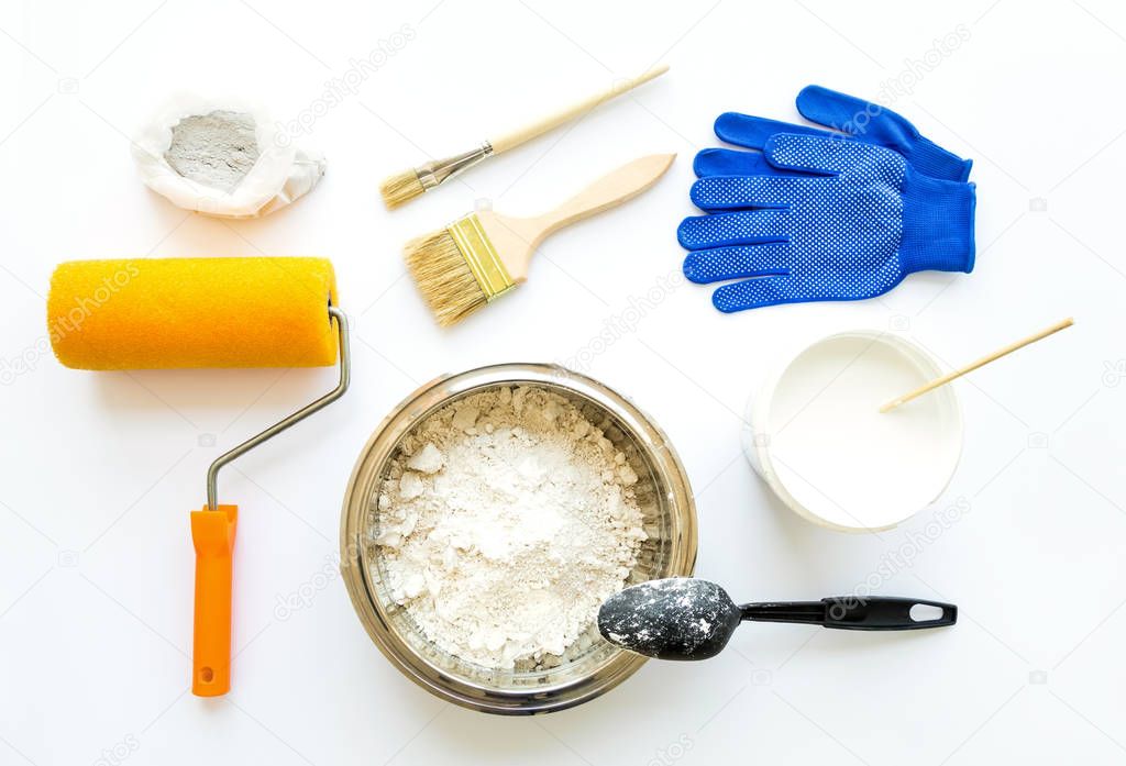 Set of house repair constructing and painting equipment on white background. Flat lay