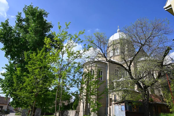 Widok Kościoła Pobliżu Drzew Tle Błękitnego Nieba — Zdjęcie stockowe