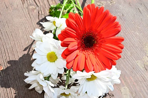 Kytice Krásných Květin Dřevěném Pozadí Létě Slunečný Den Zblízka Pohled — Stock fotografie