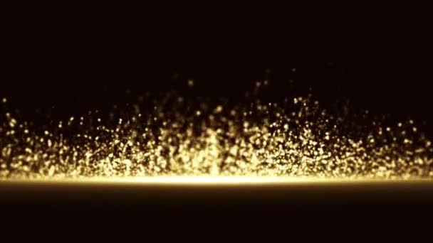 Медленно движущийся взрыв небольших круглых осколков золотого цвета на черном фоне HD — стоковое видео