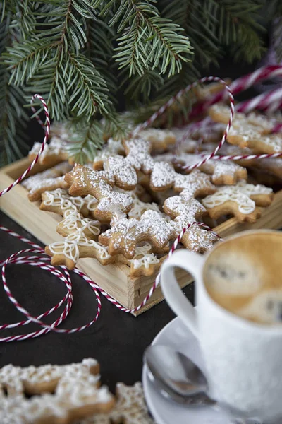 Winter, holidays. Christmas table, cookies in the form of snowflakes close-up. coffee and cookies. — Stock Photo, Image