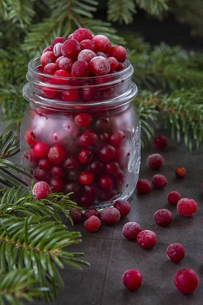 Frozen cranberry berry in a jar on the table decorated with branches of the Christmas tree. Christmas winter time — Stock Photo, Image