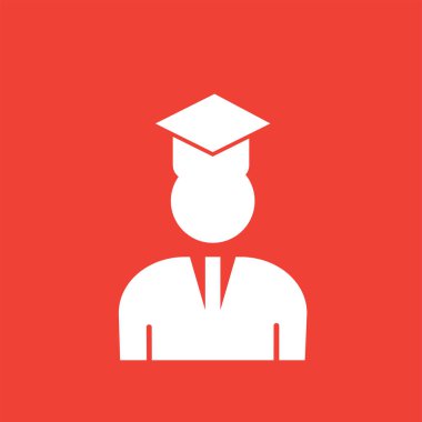 Mezunlar simgesi, öğrenci düz vektör oturum üzerinde izole kırmızı arka plan.