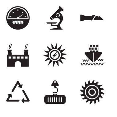 9 set basit düzenlenebilir simgeler gibi testere, Vinç yük, üçgen, gemi, güneş enerji, fabrika, bıçak, mikroskop, hız göstergesi