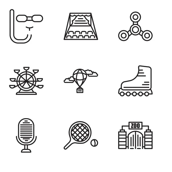 Conjunto de 9 ícones editáveis simples, como zoológico, tênis de mesa, microfone, rolos, balão de ar quente, roda gigante, drone, palco, máscara de mergulho — Vetor de Stock