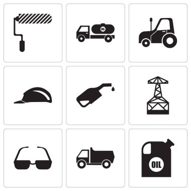 9 set yağ kabı, kamyon, güneş gözlüğü, gibi basit düzenlenebilir simgeleri petrol derrick, pompa, başlık, autotruck, damperli kamyon, silindir