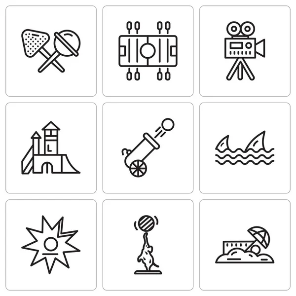 Conjunto de 9 ícones editáveis simples, como Areia, Elefante, Caminhada da fama, Tubarões, Canhão, Playground, Câmera de vídeo, Futebol, Doces — Vetor de Stock