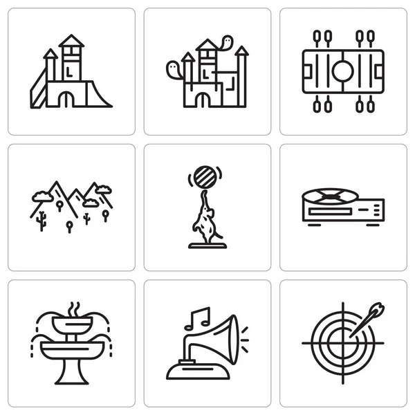 Conjunto de 9 ícones editáveis simples, como dardos, Gramfone, Fonte, Gravador de vídeo, Elefante, Montanhas, Futebol, Casa, Parque infantil — Vetor de Stock