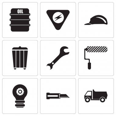 9 set kamyon, bıçak, ayarlama lamba, silindir, ayarlanabilir anahtarı, çöp kutusu, üstbilgi, tehlike, petrol gibi basit düzenlenebilir simgeleri