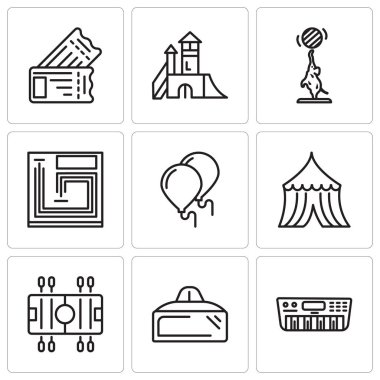 Synthesizer gibi 9 basit düzenlenebilir simgelerin ayarlamak, Vr gözlük, futbol, çadır, Balonlar, masa oyunu, fil, Bahçesi, Bilet