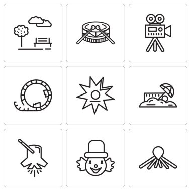 9 set basit düzenlenebilir gibi simgeleri balon köpek, palyaço, aydınlatma, kum, Şöhret, Roller coaster, Video kamera, davul, Park Walk