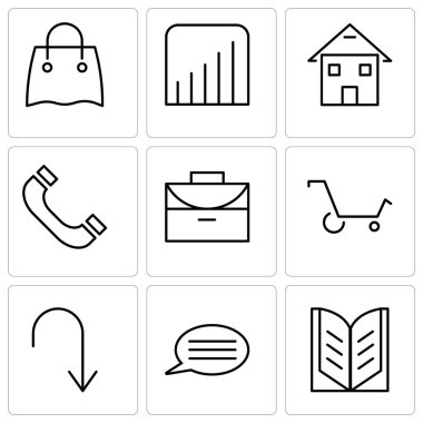 Açık kitap, metin, aşağı, alışveriş sepeti, Office evrak çantası, işaret eden ok ile konuşma balonu gibi 9 basit düzenlenebilir simgelerin ayarlamak kulaklıklar, ana sayfa, kapsama alanı yeniden kullanılabilir çanta alışveriş seviye,