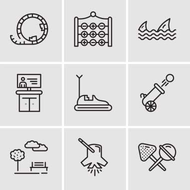 9 set basit düzenlenebilir simgeler gibi şeker, aydınlatma, Park, savaş topu, tampon araba, Tv, köpekbalıkları, Tic tac toe, Roller coaster