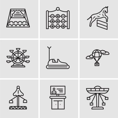 9 set Carousel, Tv, fuar gibi basit düzenlenebilir simgeleri, sıcak hava balonu, tampon araba, dönme dolap, at, Tic tac toe, sahne