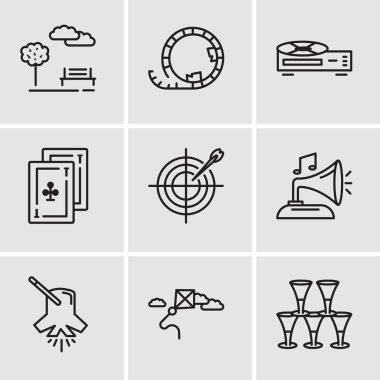 Gözlük, uçurtma, aydınlatma, Gramphone, Dart, kartları gibi 9 basit düzenlenebilir simgelerin ayarlamak, Video kaydedici, Roller coaster, Park