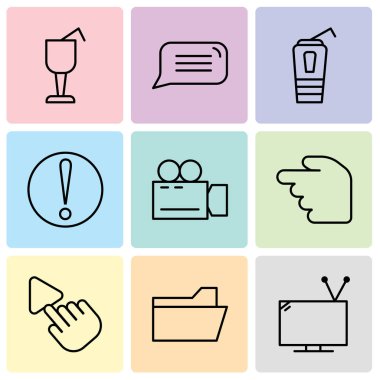 9 set basit düzenlenebilir gibi simgeleri televizyon anteni, dosya klasörü, seçim aracını, kum saati, Video kamera, dikkat, kağıt bardak içme saman, konuşma balonu, kokteyl cam ile