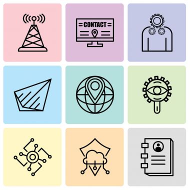 9 set basit düzenlenebilir simgeler gibi iletişim kitap, koruma, Cpu, görünümü, dünya yer tutucu, gönder, ayarları, Billboard, anten