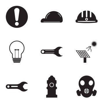 9 set basit düzenlenebilir simgeler gibi solunum, yangın musluğu, boru anahtarı, güneş pili, ayarlanabilir anahtarı, ampul, baret, kask, ünlem