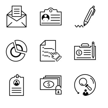 9 set basit düzenlenebilir simgeler gibi arama, para ve anahtar, Cv, sözleşme, sözleşme, pasta grafik, kalem, belge, e-posta