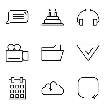 9 set güncelleştirme ok, Download--dan belgili tanımlık bulut, 5 gün ile takvim, onay işareti, dosya klasörü, Video kamera, telefon kolu, mumlar, konuşma balonu ile pasta gibi basit düzenlenebilir simgeleri