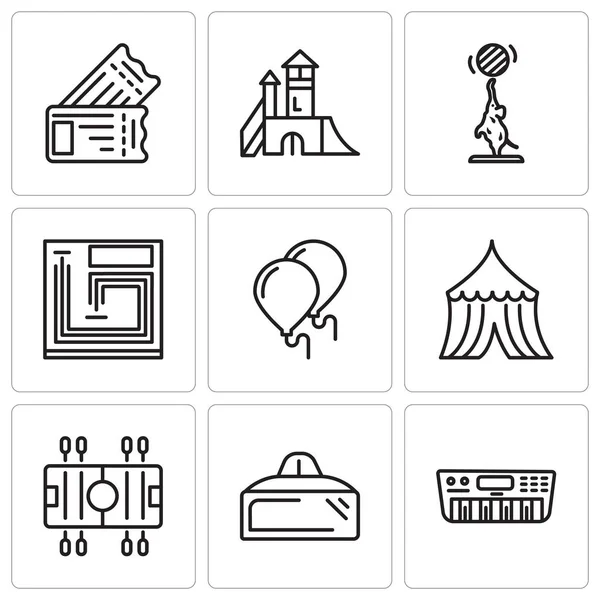 Conjunto de 9 ícones editáveis simples, como sintetizador, óculos Vr, futebol, tenda, balões, jogo de tabuleiro, elefante, playground, bilhetes — Vetor de Stock