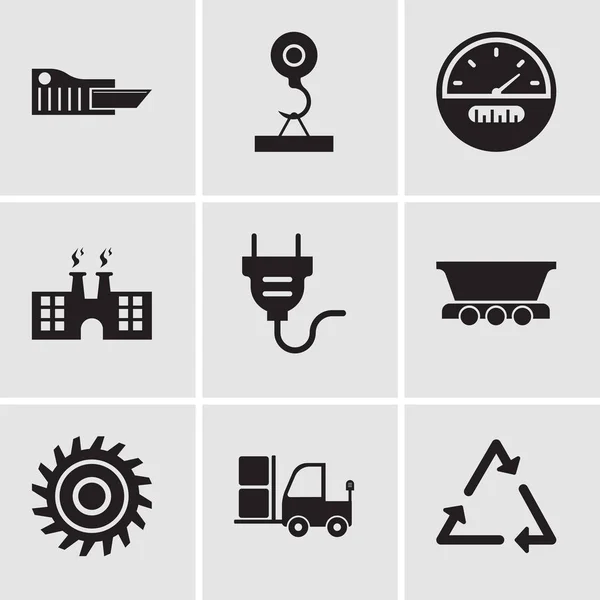 Набор из 9 простых редактируемых значков, таких как треугольник, грузовик, пильный станок, грузовой вагон, электрическая розетка, завод, спидометр, грузовой кран, резак — стоковый вектор