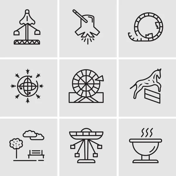 Conjunto de 9 ícones editáveis simples, como Bbq, Carrossel, Parque, Cavalo, Roda, Bola de disco, montanha russa, Iluminação, Feira — Vetor de Stock