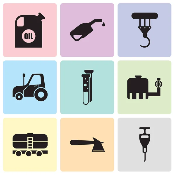 Sada 9 jednoduché upravit ikony jako děrovací, Sekyrka, vlak, vodní nádrže, kapsle, autotruck, jeřáb, čerpadlo, zásobník — Stockový vektor