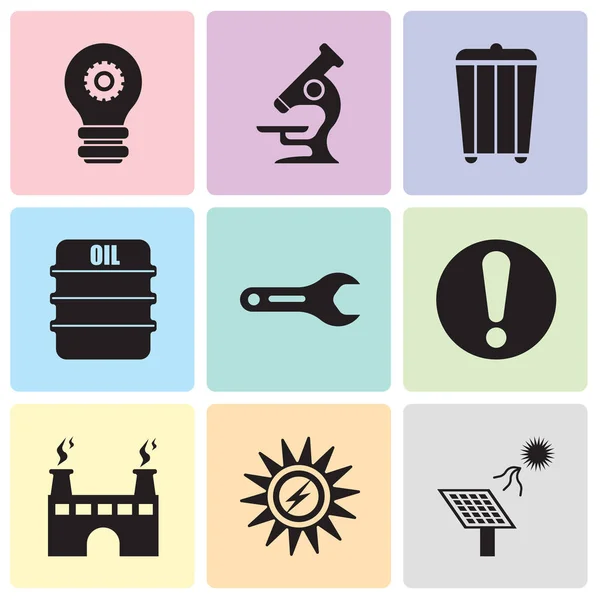 Set de 9 iconos editables simples como batería solar, energía solar, fábrica, exclamación, llave de tubo, aceite, basura, microscopio, lámpara de ajuste — Vector de stock