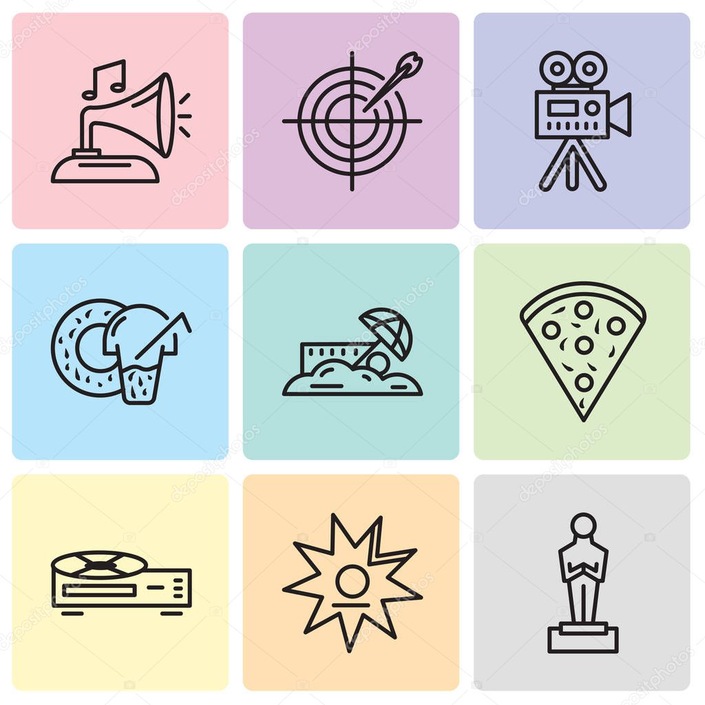 Set Of 9 simple editable icons such as Oscar, Walk of fame, Video recorder, Confetti, Sand, Donut, Video camera, Darts, Gramphone, can be used for mobile, web UI