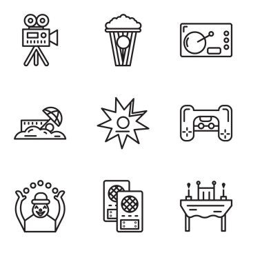 9 set Şöhret, akşam yemeği, hoparlör, maymun, Playstation, kaldırımı gibi basit düzenlenebilir simgeleri kum, kahve, patlamış mısır, Video kamera