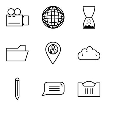 Aracı, bulut, konum işaretçisi, dosya klasörü, sol, Uluslararası Dünya, Video kamera için gösteren bir el gibi alışveriş sepeti, konuşma balonu, 9 set basit düzenlenebilir simgeleri Düzenle