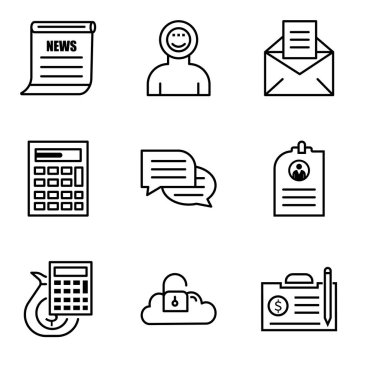9 set basit düzenlenebilir simgeler sözleşme, anahtar veri, para hesap makinesi, Cv, sohbet, hesap makinesi, e-posta, astronot, gazete