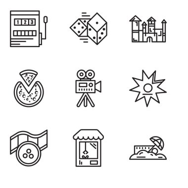 9 set basit düzenlenebilir simgeler gibi kum, makinesi, Film, Şöhret, kaldırımı Video kamera, Pizza, Disneyland, Dices, oyun