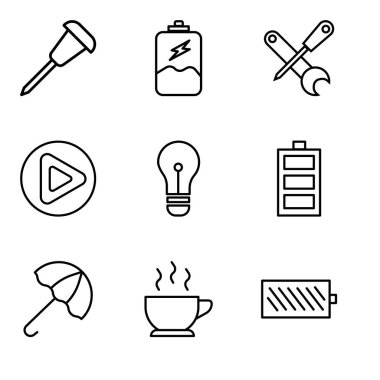 9 set pil düzeyi, fincan sıcak kahve, açık şemsiye, pil seviyesi, ampul, oyun düğme, tornavida ve İngiliz anahtarı, pil şarj, raptiye gibi basit düzenlenebilir simgeleri