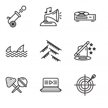 9 set basit düzenlenebilir simgeler gibi Dart, Film, şeker, Sihir, Garland, köpekbalıkları, Video kaydedici, Gramphone, savaş topu