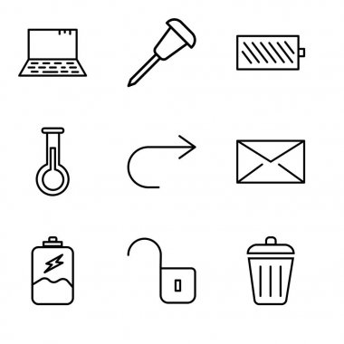 9 set Çöp Kovası, kilitli değil asma kilit, pilin şarj edilmesi, kapalı zarf, değil mi, Erlenmeyer Flask, pil için işaret eden ok gibi basit düzenlenebilir simgeleri seviye, raptiye, Laptop
